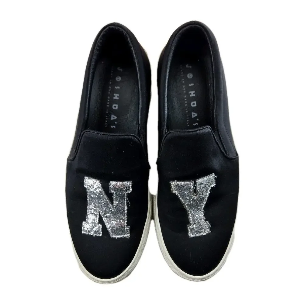 Joshua Sanders Slip On Sneakers Womens 38 7.5 Black Satin Glitter NY New York